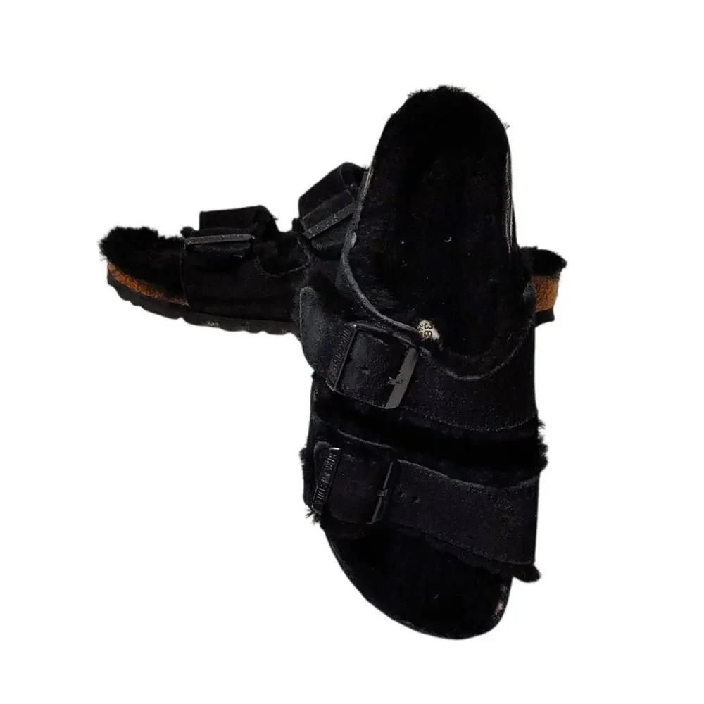 Birkenstock Arizona Shearling Suede Slide Sandals Black Cozy Women EU38 US7
